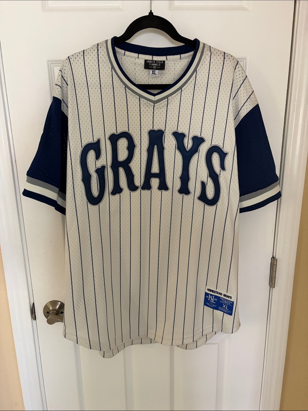 Ebbets Field Flannels Grays Pinstripe Jersey in White and Navy